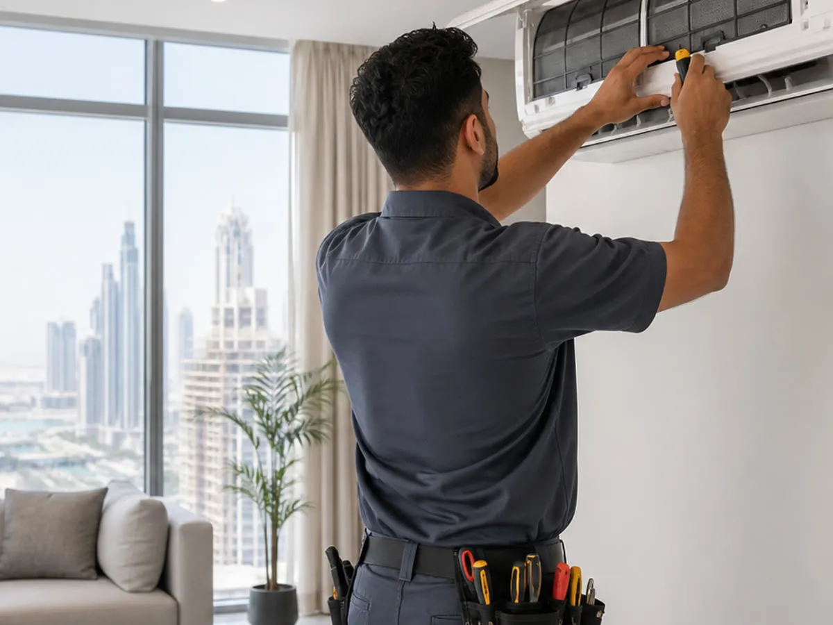 AC technician servicing a split unit in a modern Dubai apartment