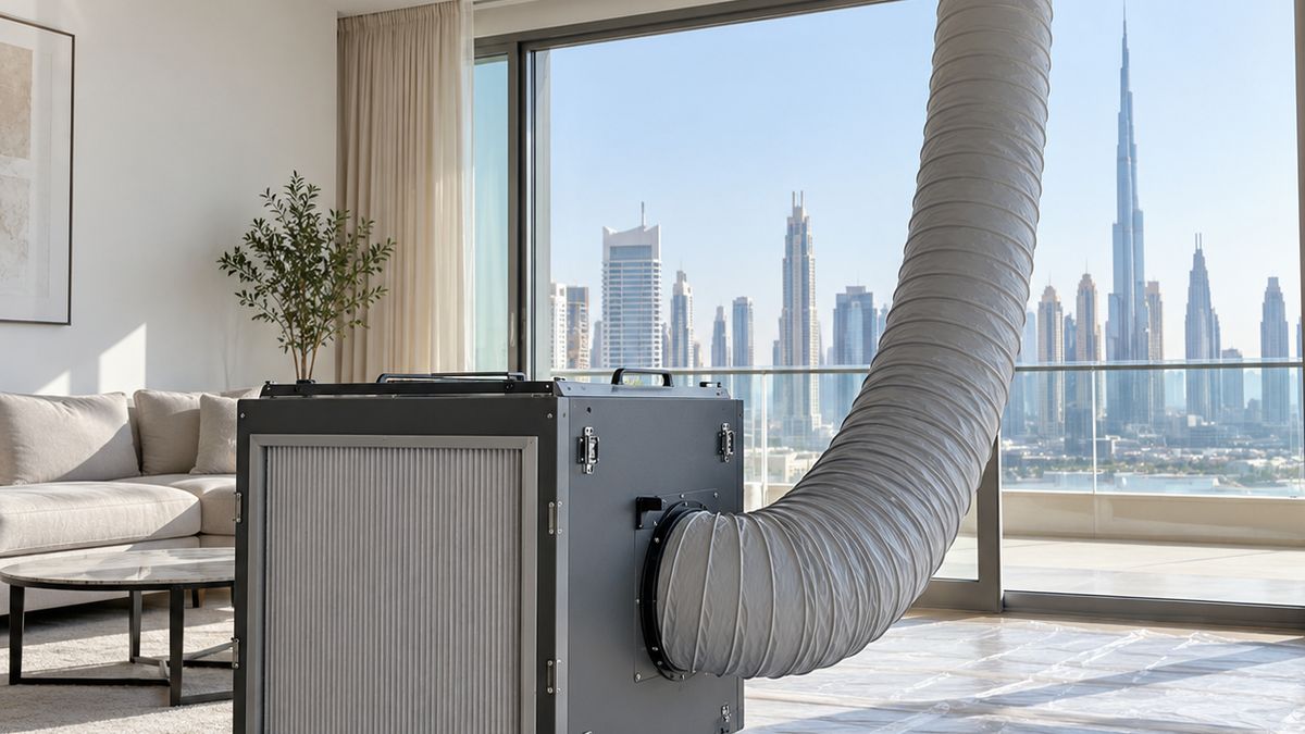 Portable HEPA extraction unit connected to ductwork in a modern Dubai apartment