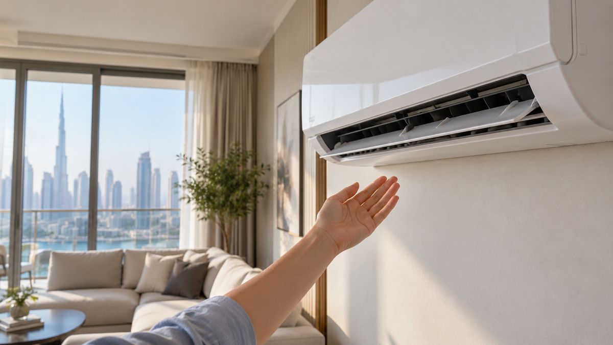 Split AC unit on a living room wall with a hand held under the airflow