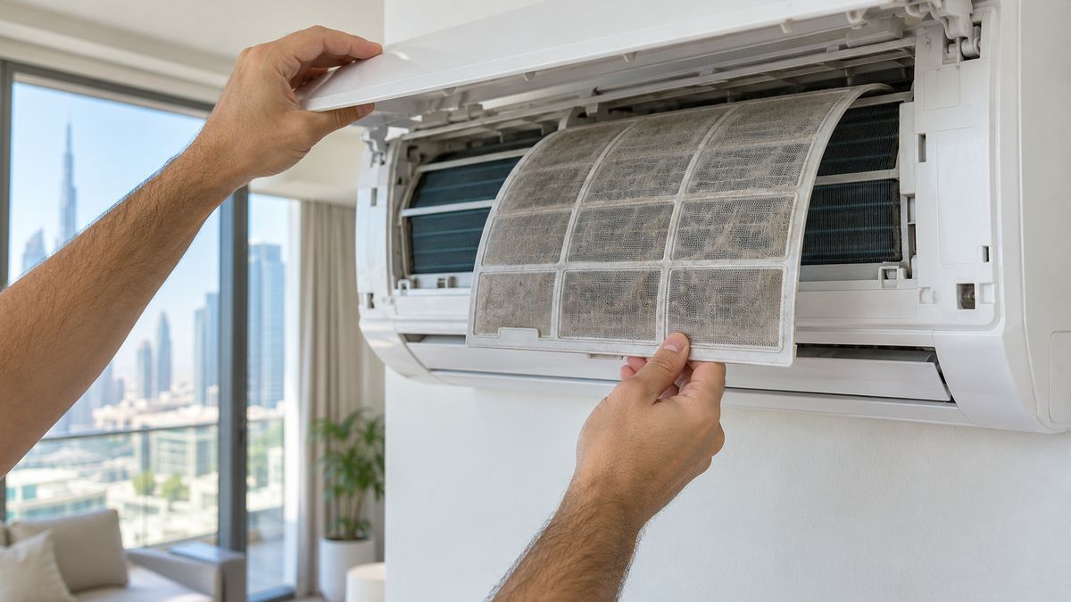 Hands removing a dusty filter from an indoor AC unit