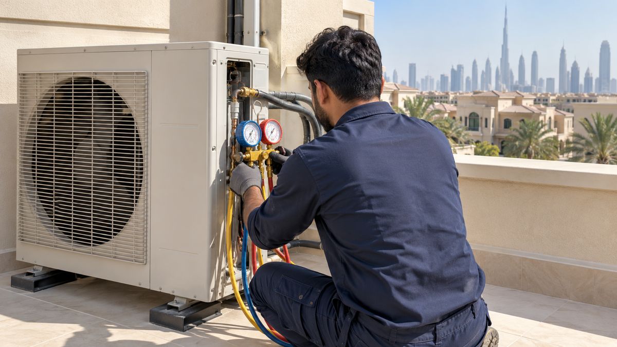 Technician with gauges beside outdoor AC compressor on a Dubai villa balcony
