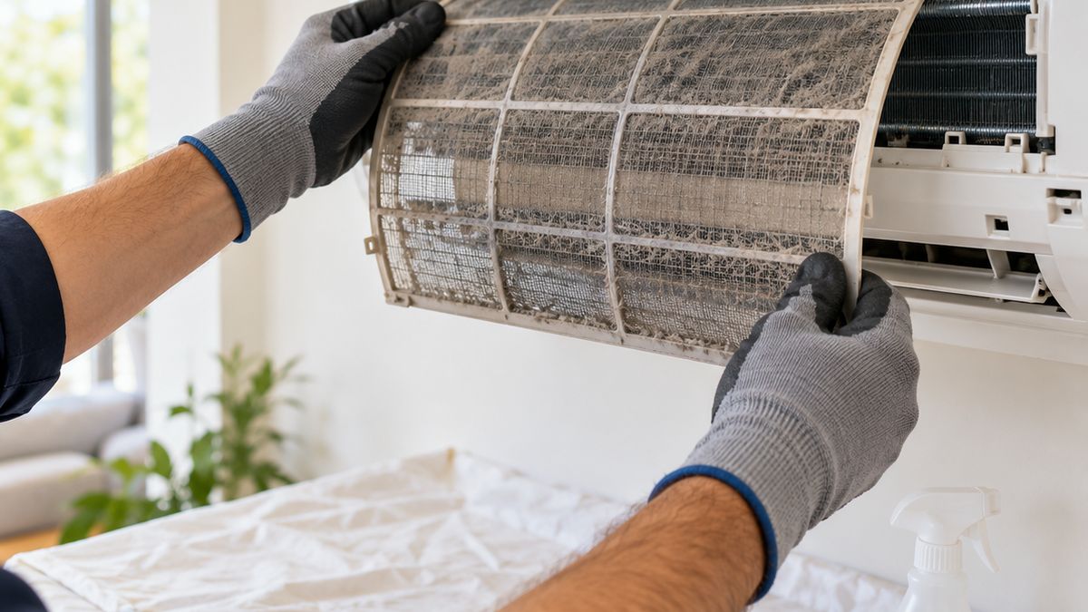 Technician's hands removing a dusty filter from a split AC unit in a Dubai home