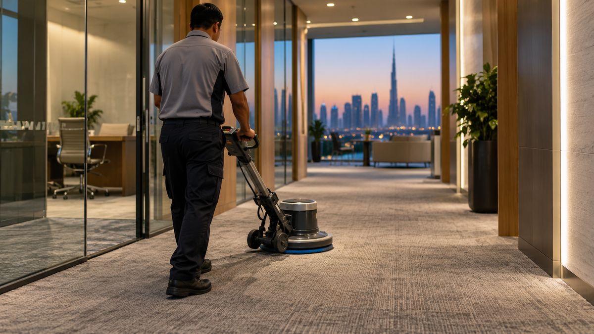 Technician using a low-moisture rotary pad machine on a carpet in a modern Dubai office corridor