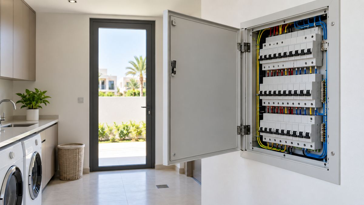 Open villa distribution board with breakers in a utility room