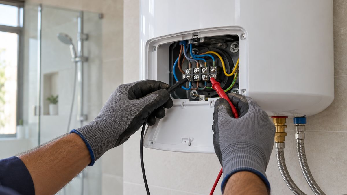 Wall-mounted water heater in a Dubai villa bathroom with an electrician's hands testing it