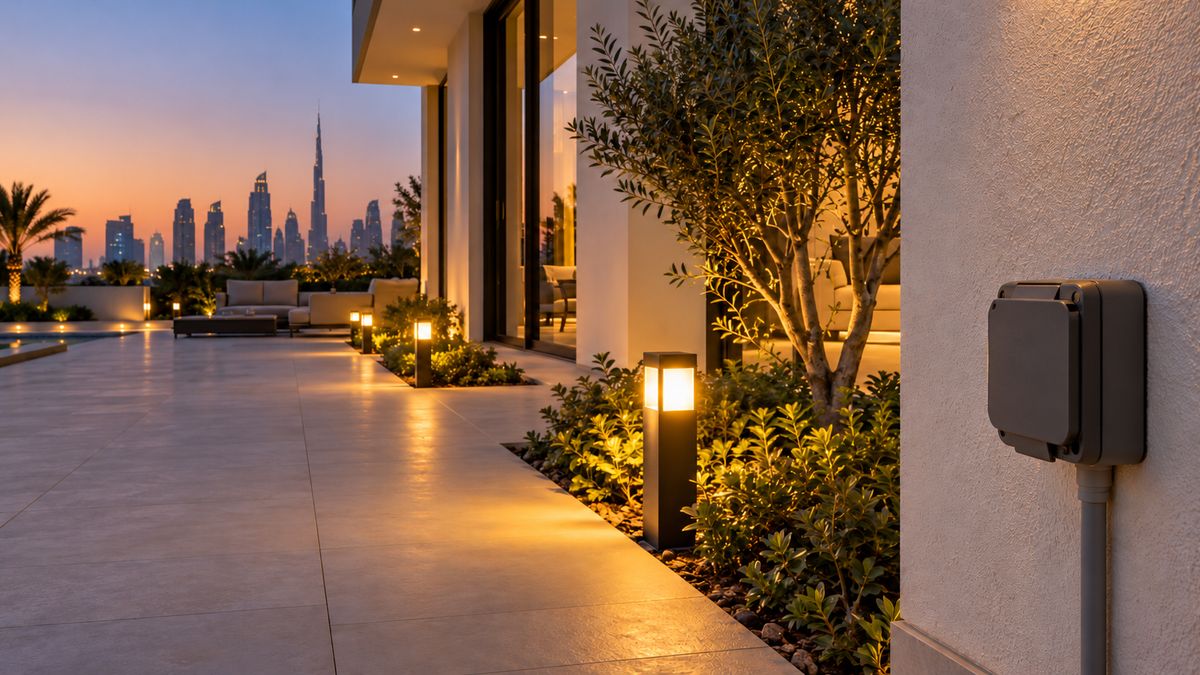 Outdoor weatherproof socket and garden lights on a Dubai villa terrace