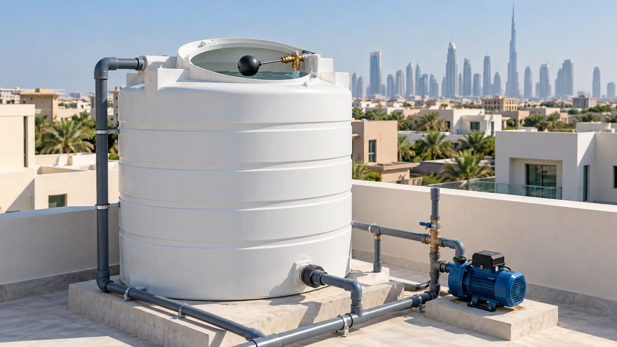 Rooftop water tank with float valve and pipework on a modern Dubai villa
