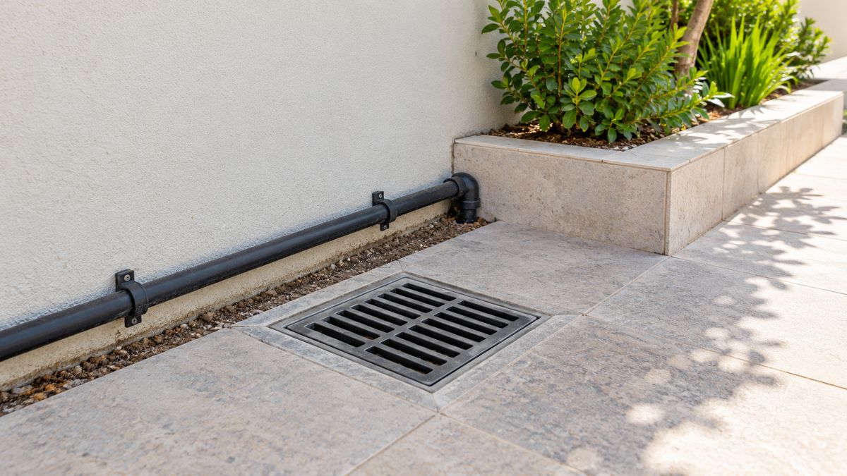 Outdoor drain cover and irrigation pipe at the base of a Dubai villa garden wall