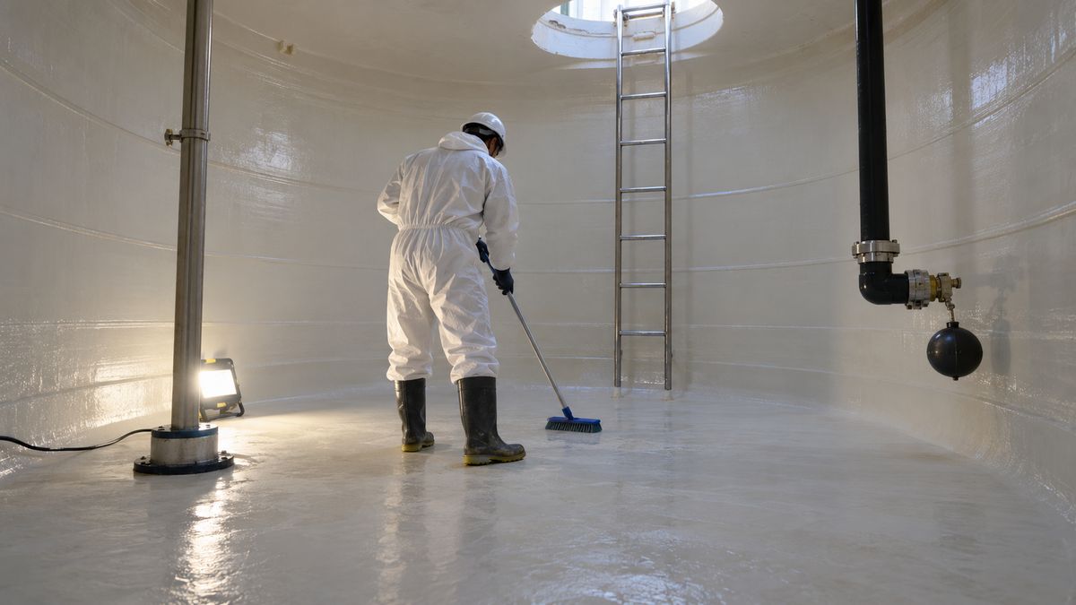 Technician in protective gear cleaning inside an emptied potable water tank