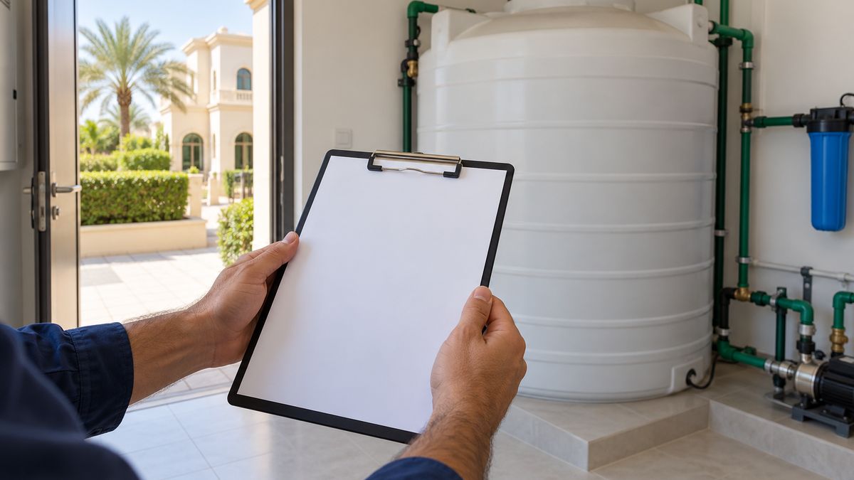 Hands holding a clipboard with a blank cleaning record at a villa tank room