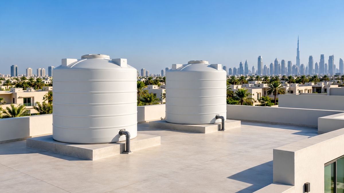 Rooftop water tanks on a modern Dubai villa roof under clear sky