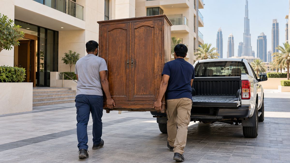 Two workers loading an old wardrobe onto an open pickup truck outside a Dubai building