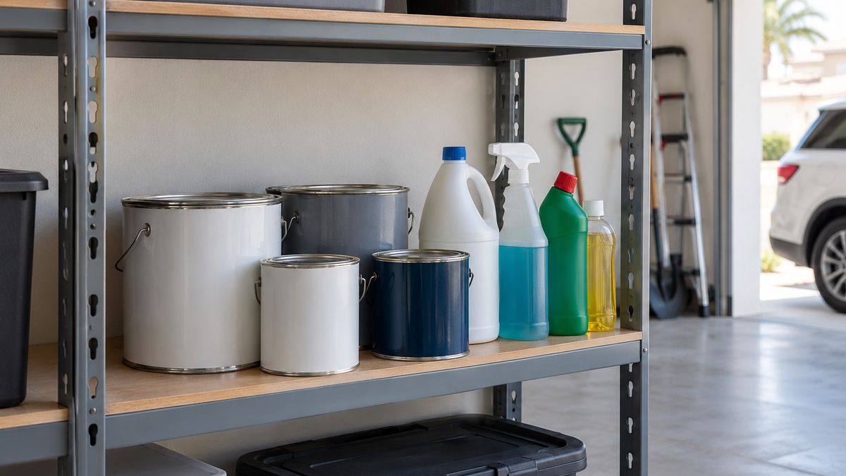 Paint tins and cleaning chemicals set apart in a Dubai villa garage
