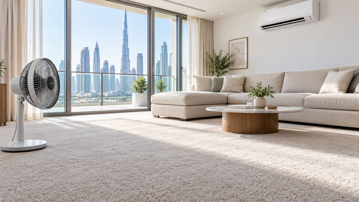 Pedestal fan angled across a freshly cleaned carpet in a bright modern Dubai living room