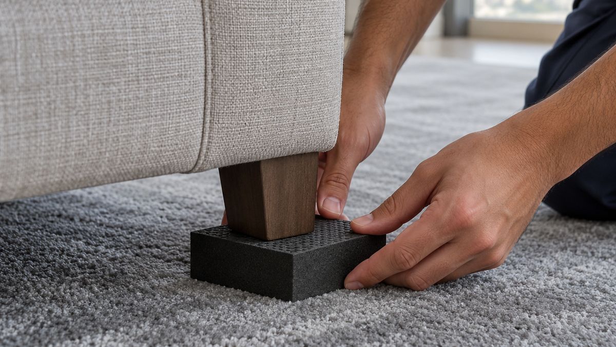 Protective blocks under sofa legs on a recently cleaned carpet in a Dubai apartment