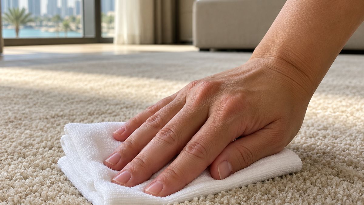 Hand pressing a white cloth into carpet pile to check for remaining dampness in a Dubai bedroom