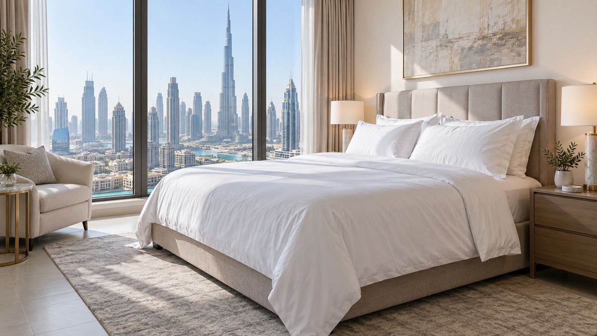 Clean made bed with white linen in a bright Dubai apartment bedroom