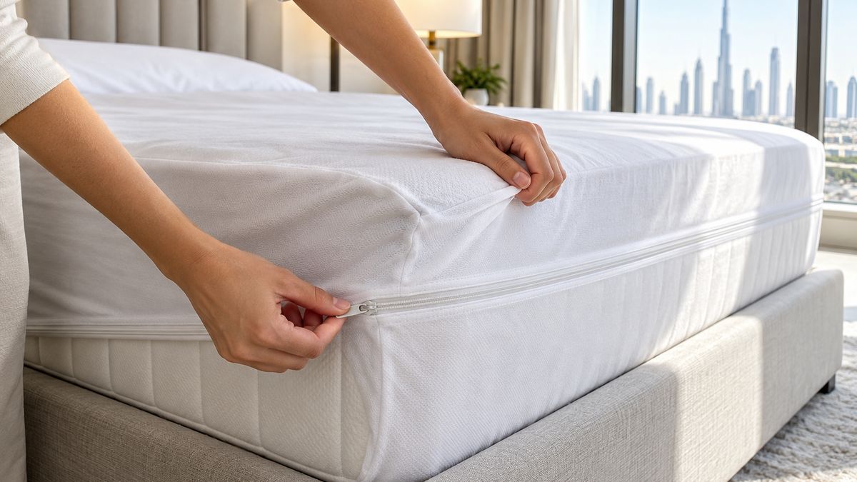 Hands fitting a zippered mattress protector onto a mattress