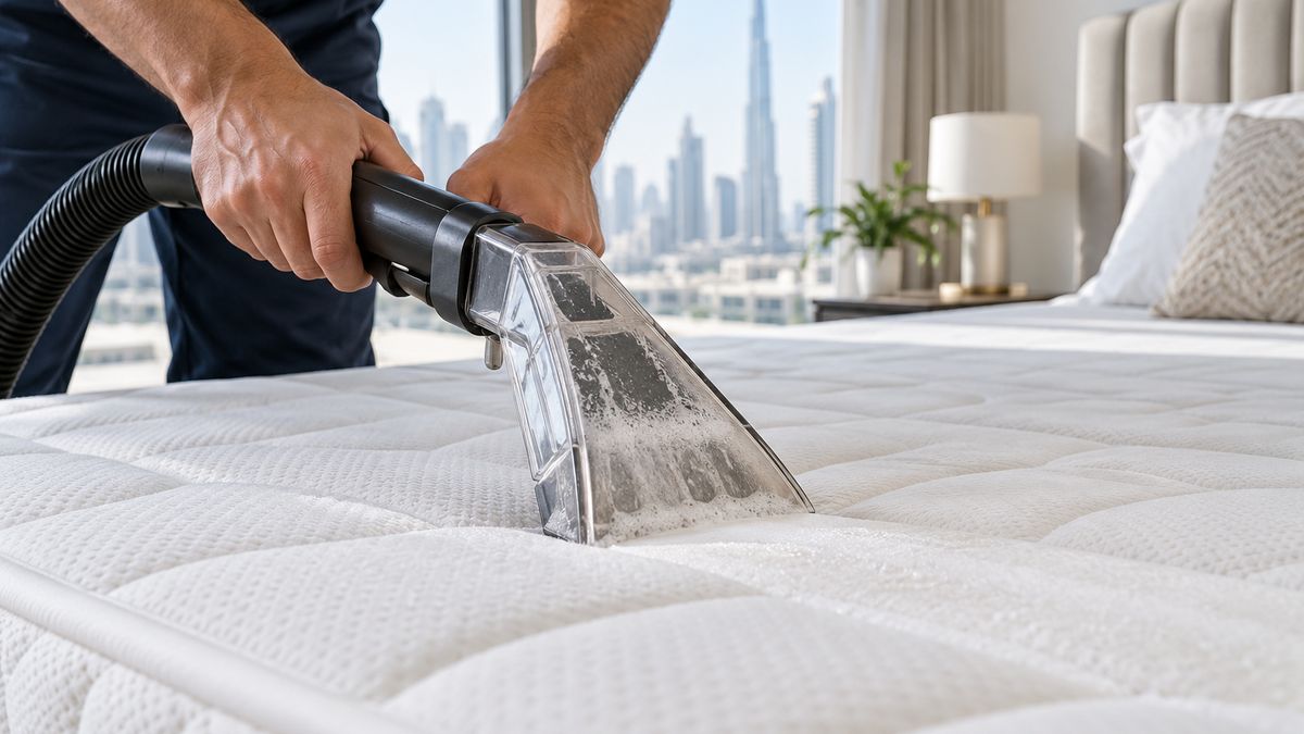 Hands vacuuming the surface of a mattress with a handheld extraction tool