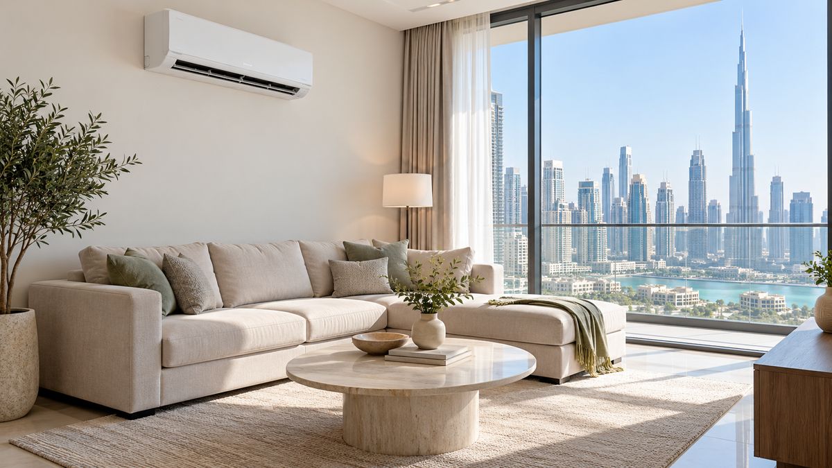 Split AC unit mounted high on a living room wall in a Dubai apartment