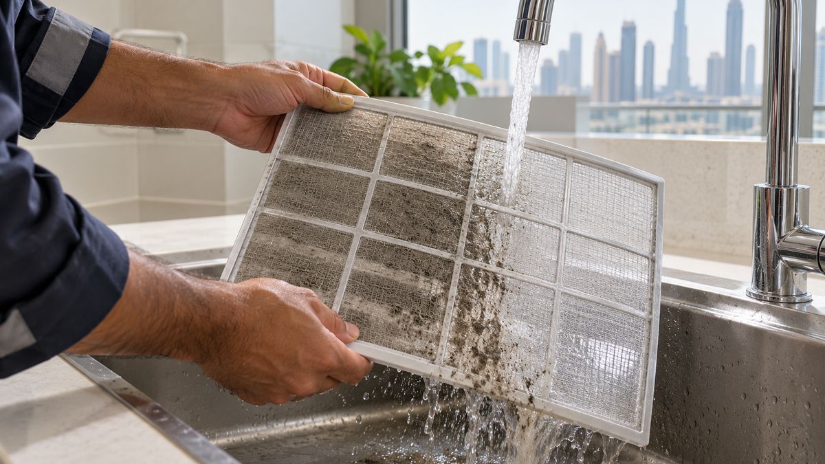 Hands rinsing a removed AC filter in a sink