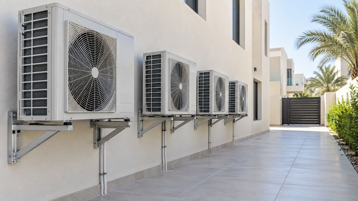 Outdoor AC condenser units on a Dubai villa side wall