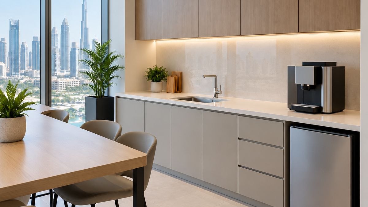 Shared office pantry in a modern Dubai office with a clean counter, sink and coffee machine