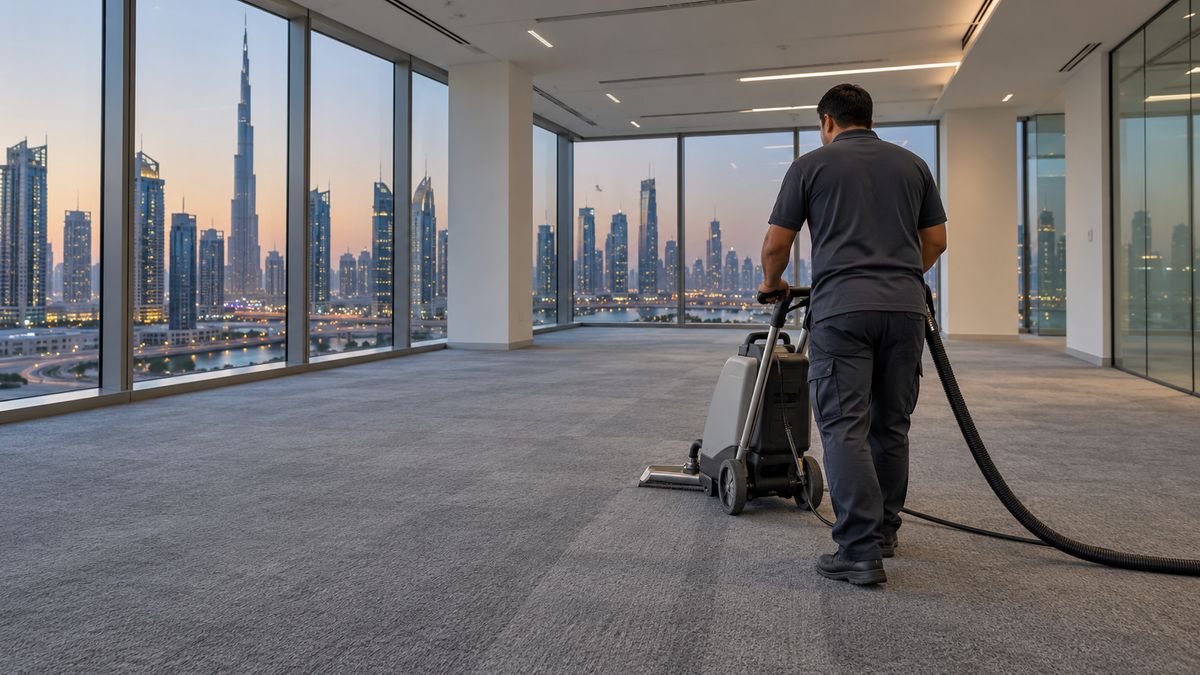 Cleaner extracting an office carpet in an empty Dubai office floor in the evening