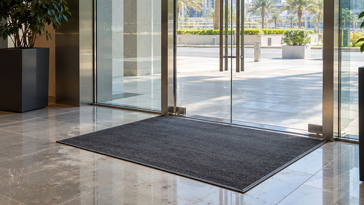 Entrance of a Dubai office with a floor mat and light dust visible on the tiles near the door