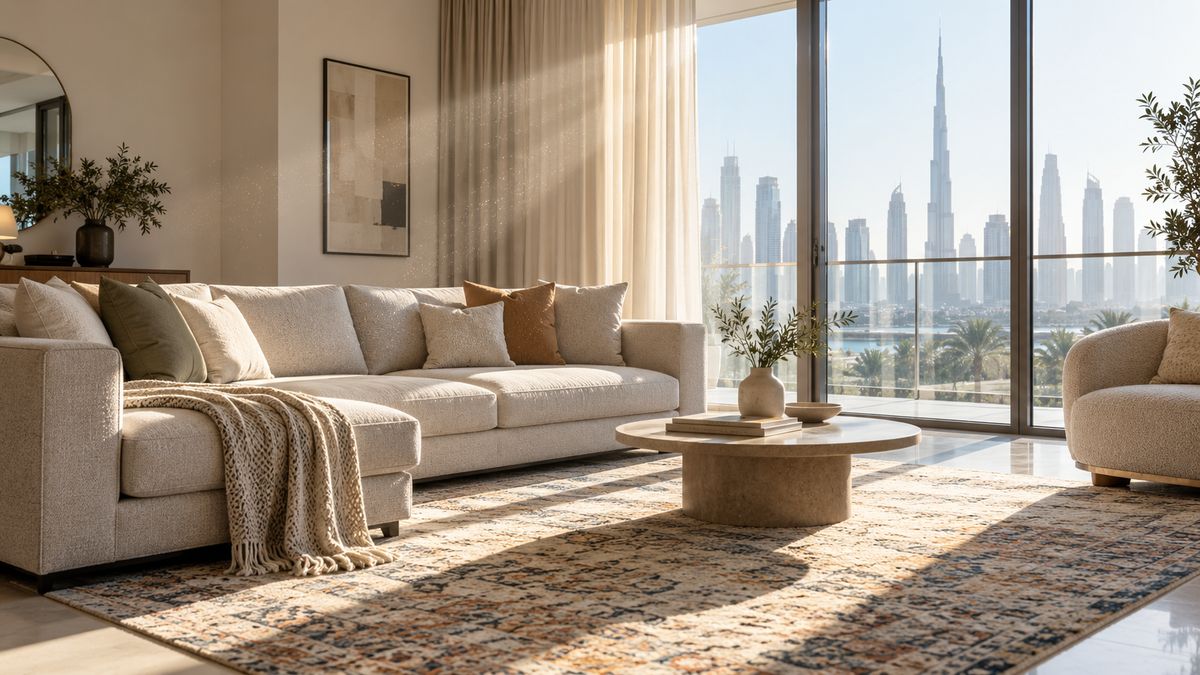 Fabric sofa in a bright Dubai living room with dust visible in sunbeam