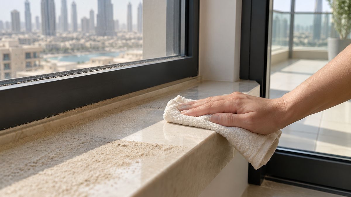 Hand wiping fine dust from a windowsill near a balcony door
