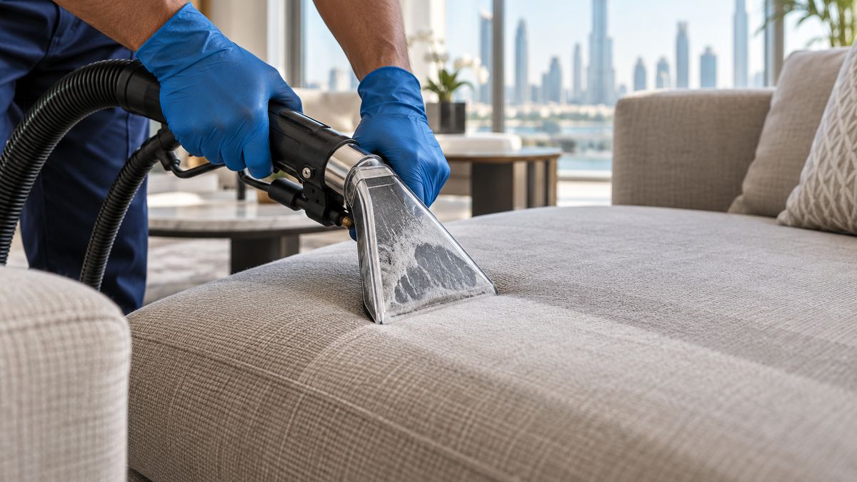 Technician steam-cleaning a fabric sofa cushion