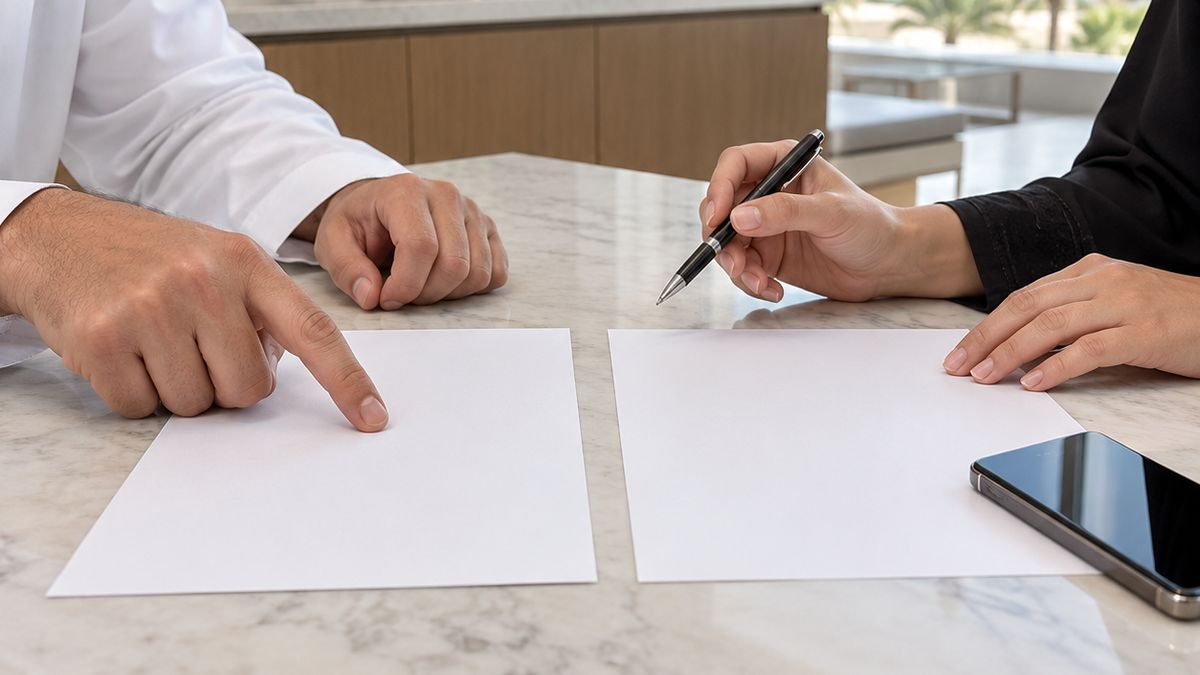 Homeowner's hands comparing two printed quotations on a table in a bright Dubai villa kitchen