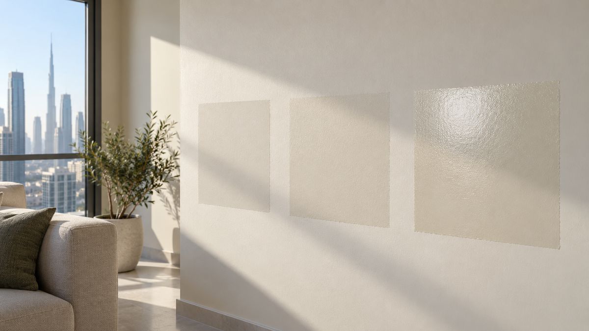 Three paint test patches in different sheens on a white apartment wall lit by Dubai daylight