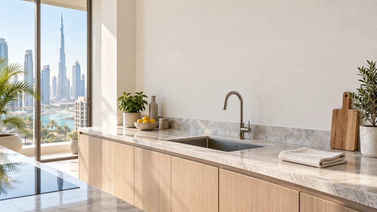 Modern Dubai apartment kitchen with a pale painted wall behind the counter and a clean wipeable surface