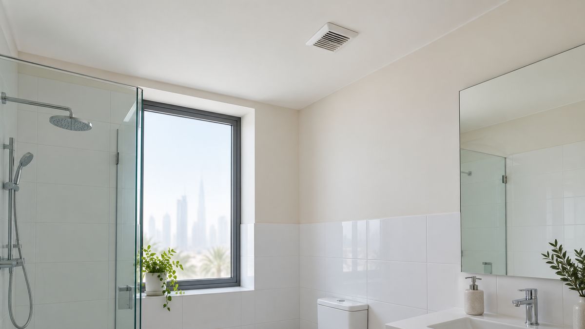 Bright bathroom in a Dubai apartment with a freshly painted ceiling and wall above the tiles