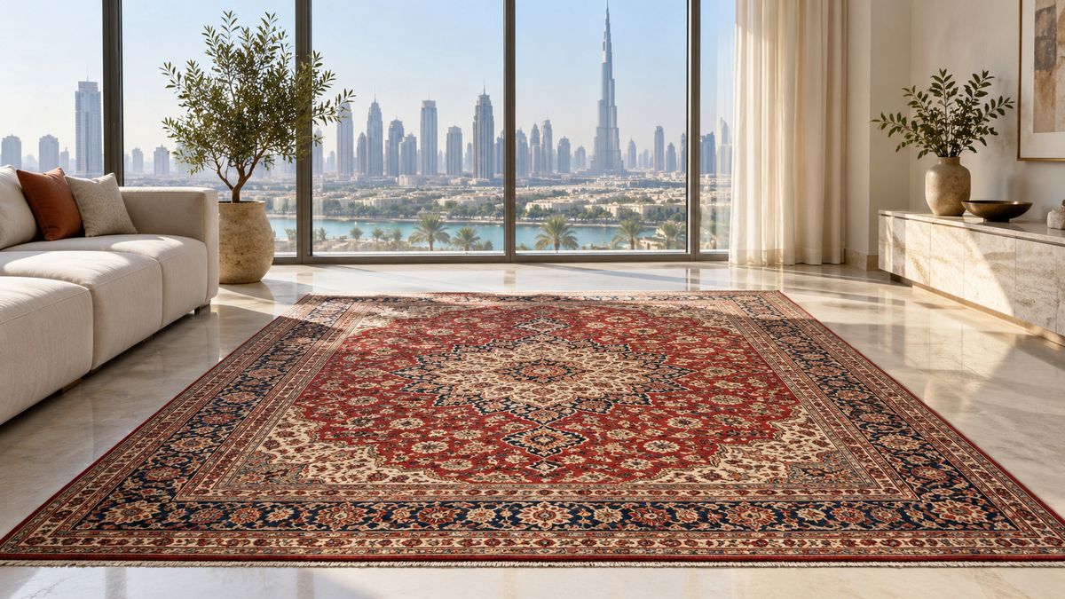 Hand-knotted Persian rug in a Dubai living room with natural light