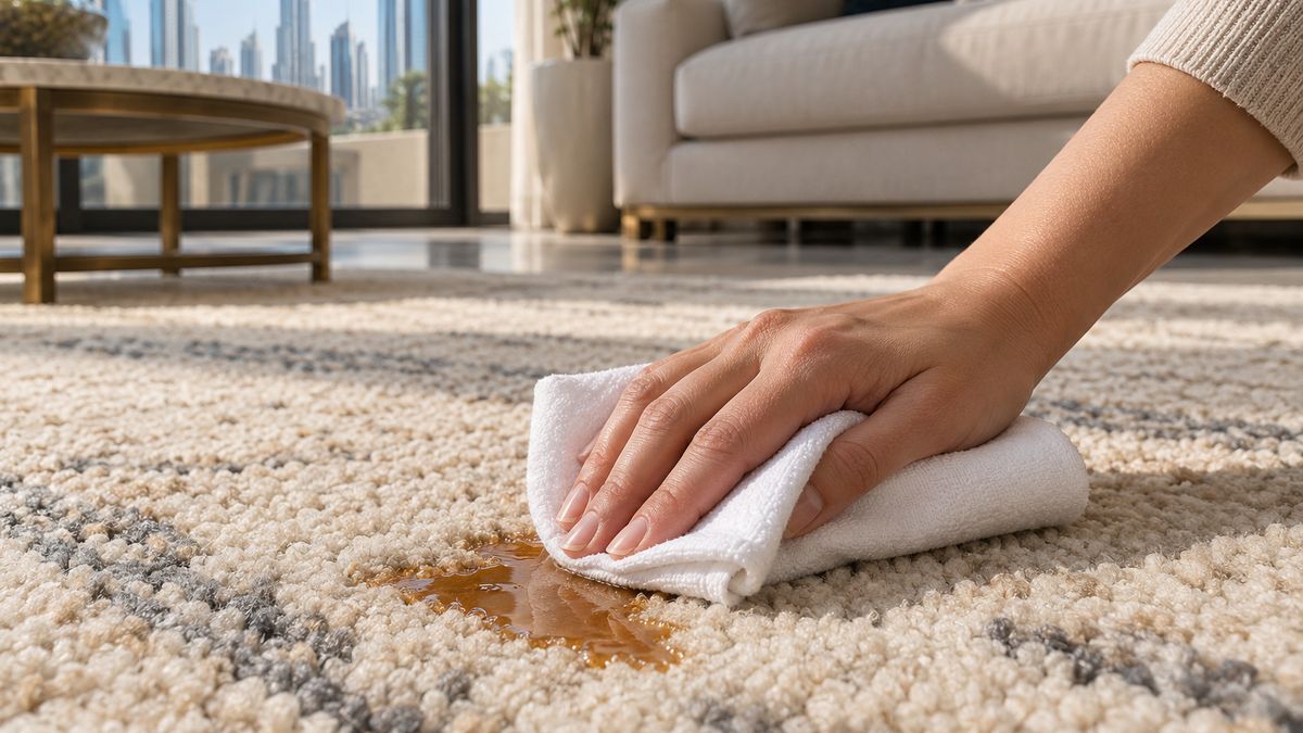 Hand blotting a spill on a rug with a white cloth