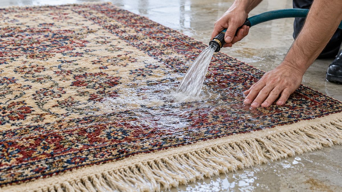 Rug laid flat on a clean washing floor being rinsed by hand