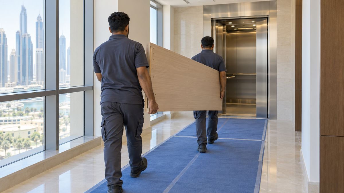 Two workers carrying a wardrobe through the service corridor of a Dubai apartment tower