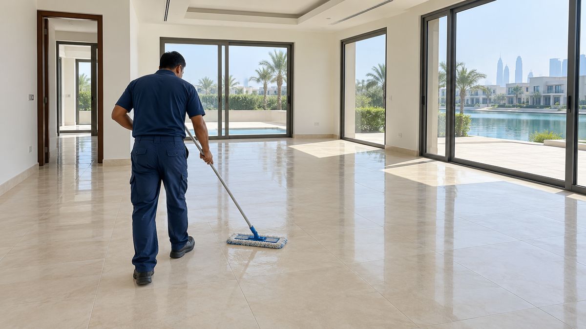 Technician mopping tile floors in an empty modern Dubai villa before move-in