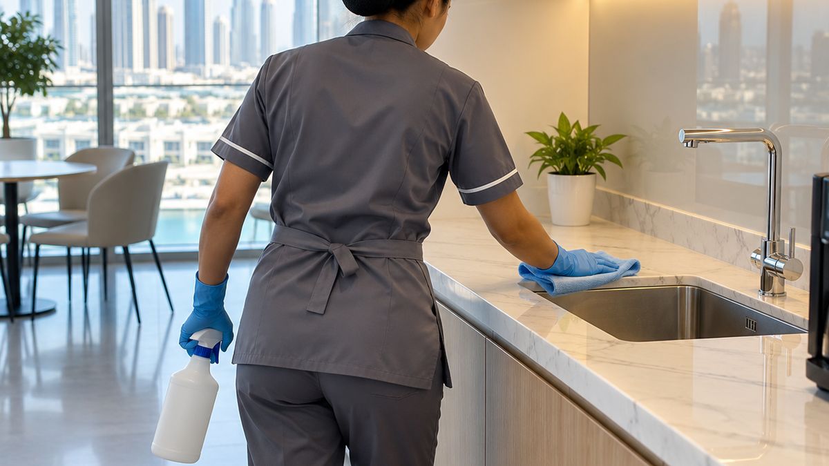 Cleaner wiping a pantry counter and sink in a bright office kitchenette in Dubai