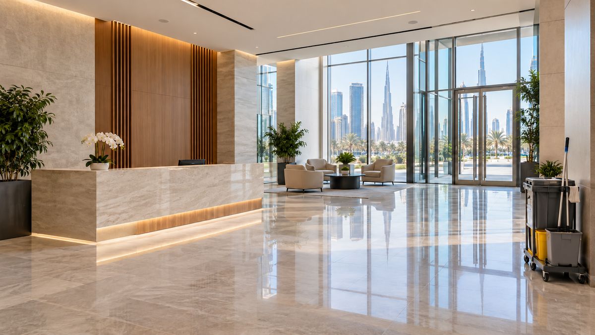 Tidy reception area of a modern Dubai office with polished floor and empty seating