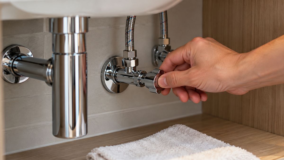 Hand turning an isolation valve under a bathroom basin in a modern Dubai apartment