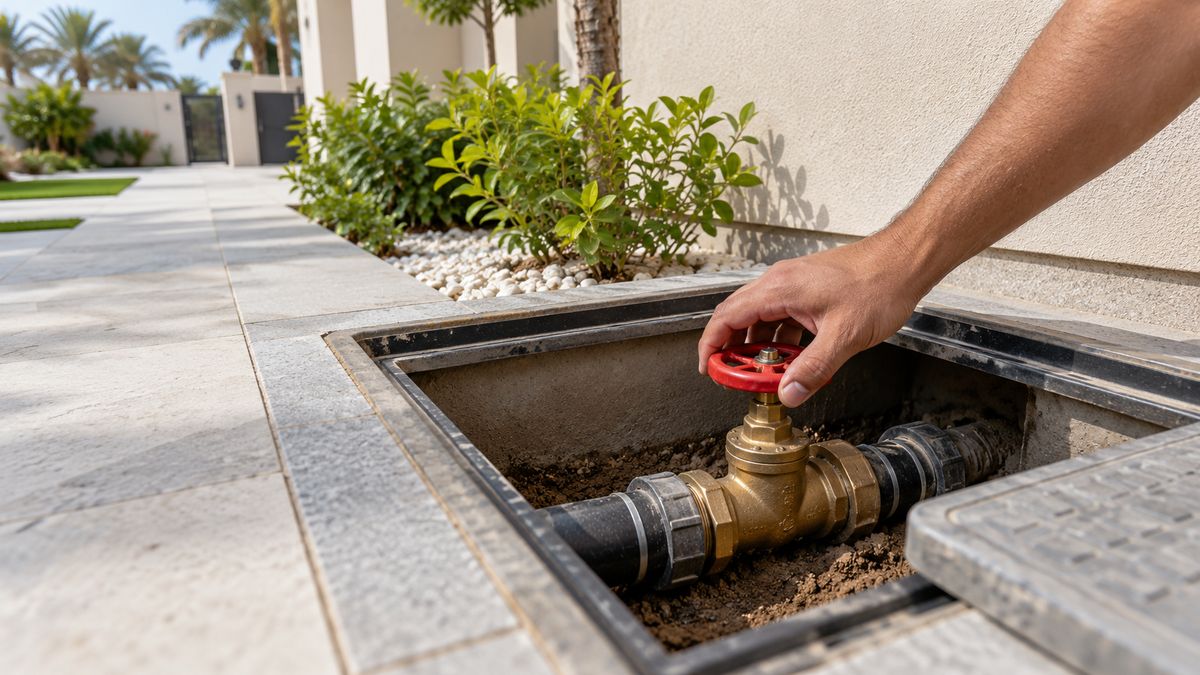 Opened main water valve box at the outside wall of a Dubai villa with a hand on the valve
