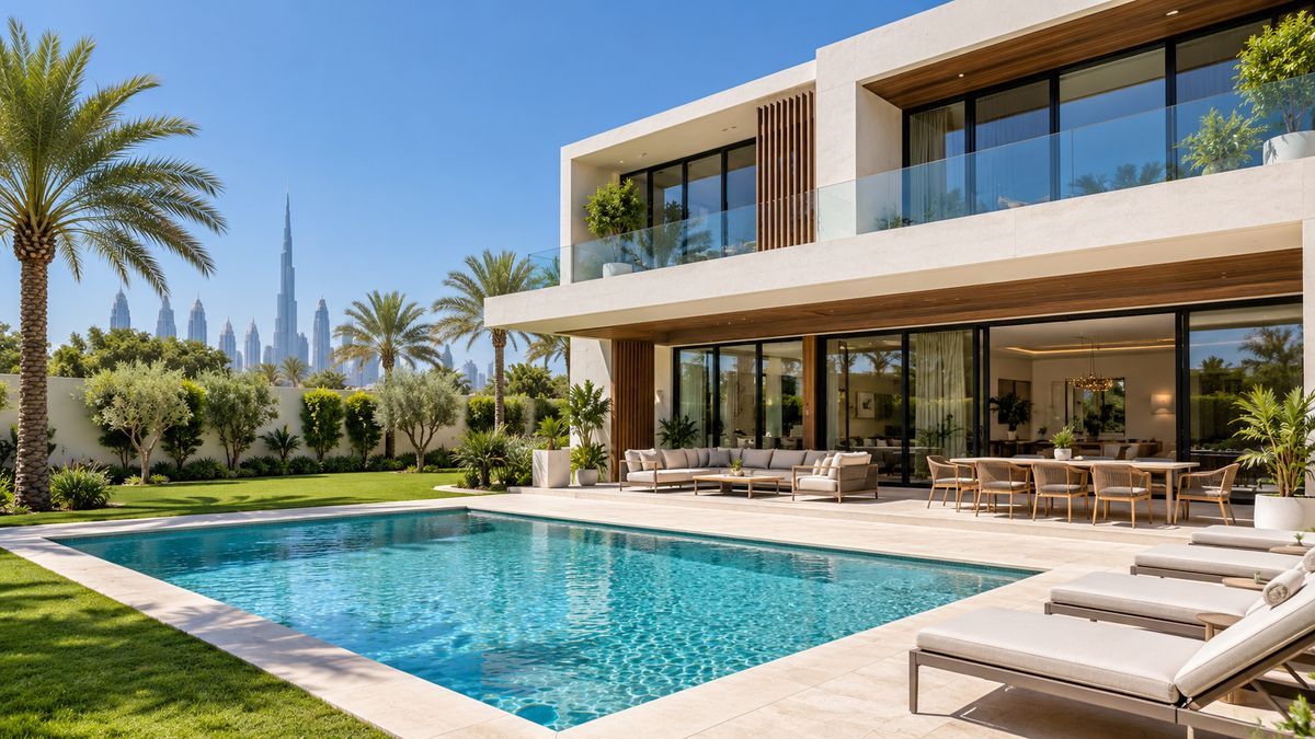 Modern Dubai villa exterior under strong sun with clean pool and garden