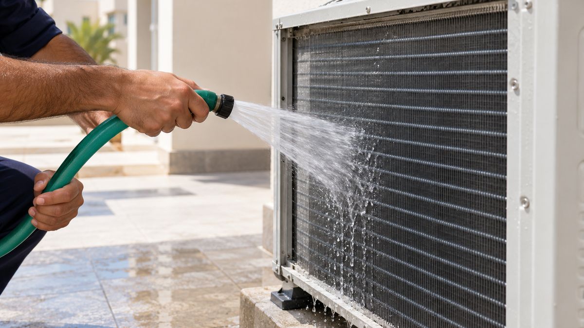 Technician cleaning outdoor AC condenser coils with a hose