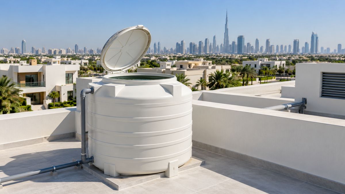Rooftop water tank on a Dubai villa with the lid open