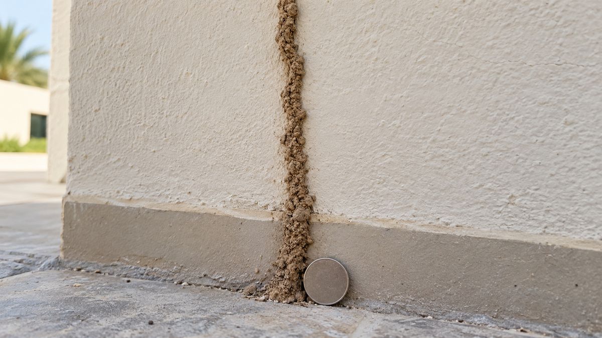 Thin earthen mud tube running up the base of a painted villa wall in Dubai