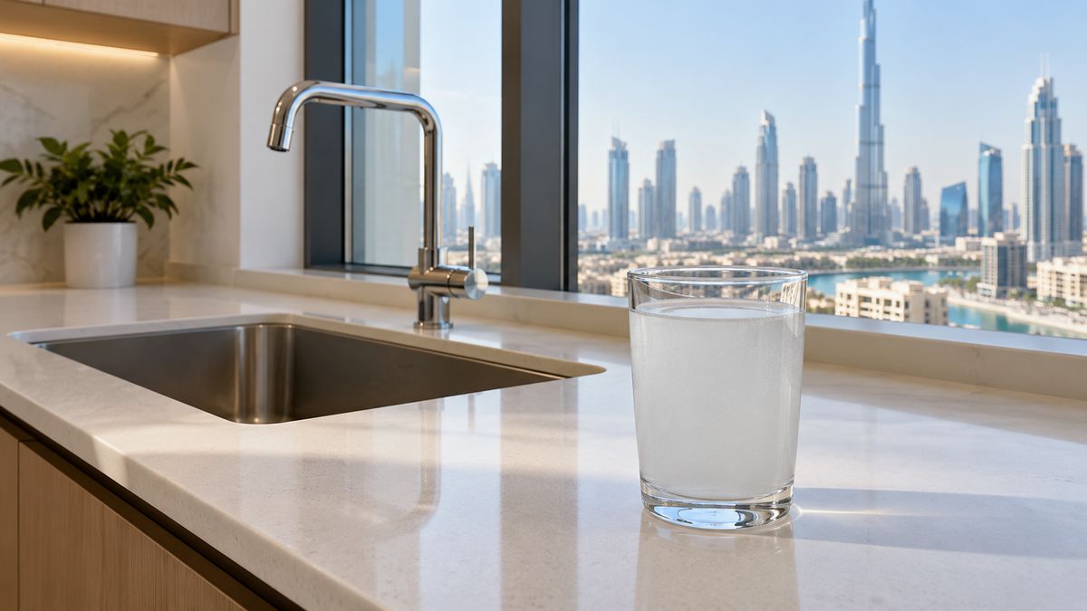 Glass of slightly cloudy tap water on a kitchen counter in a Dubai apartment